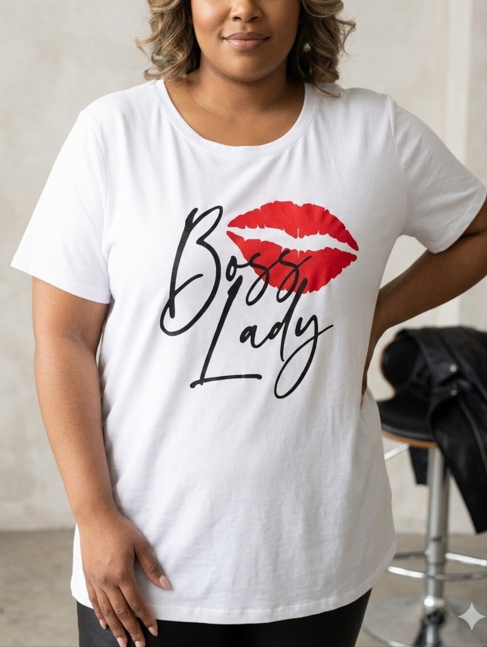 Boss Lady Short Sleeve Graphic Tee - White with Red Lip Print